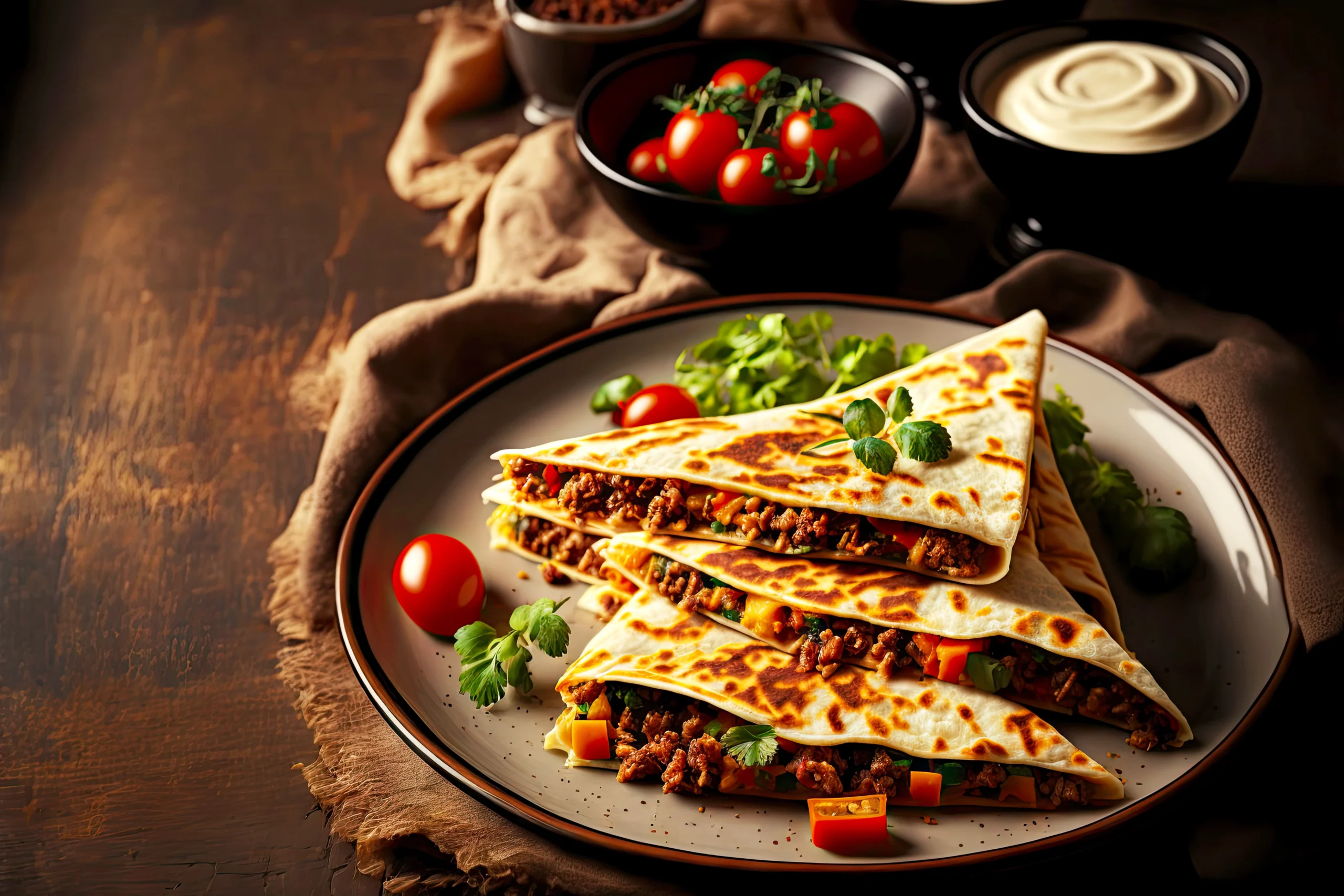 quesadillas-triangles-with-beef-meat-vegetables-plate-blurred-background copie