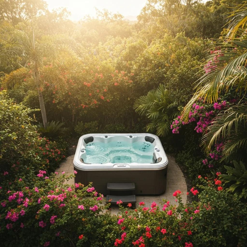 Outdoor hot tub maintenance with water testing equipment