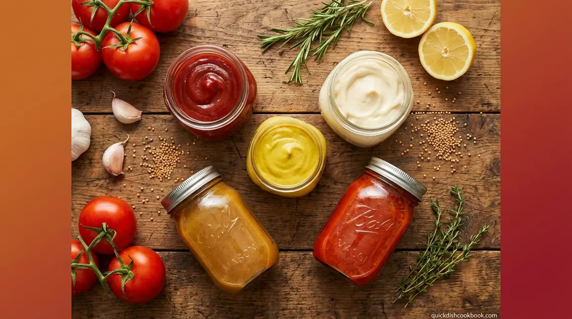 Homemade condiments recipes in glass mason jars with fresh ingredients on wooden table