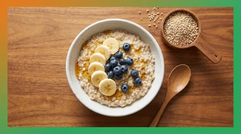 1 Quick cook steel cut oats in white bowl with banana, blueberries, and honey drizzle