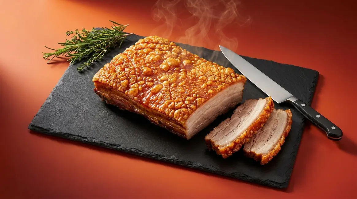 Crispy air fryer pork belly slab with blistered golden crackling skin sliced on dark slate board