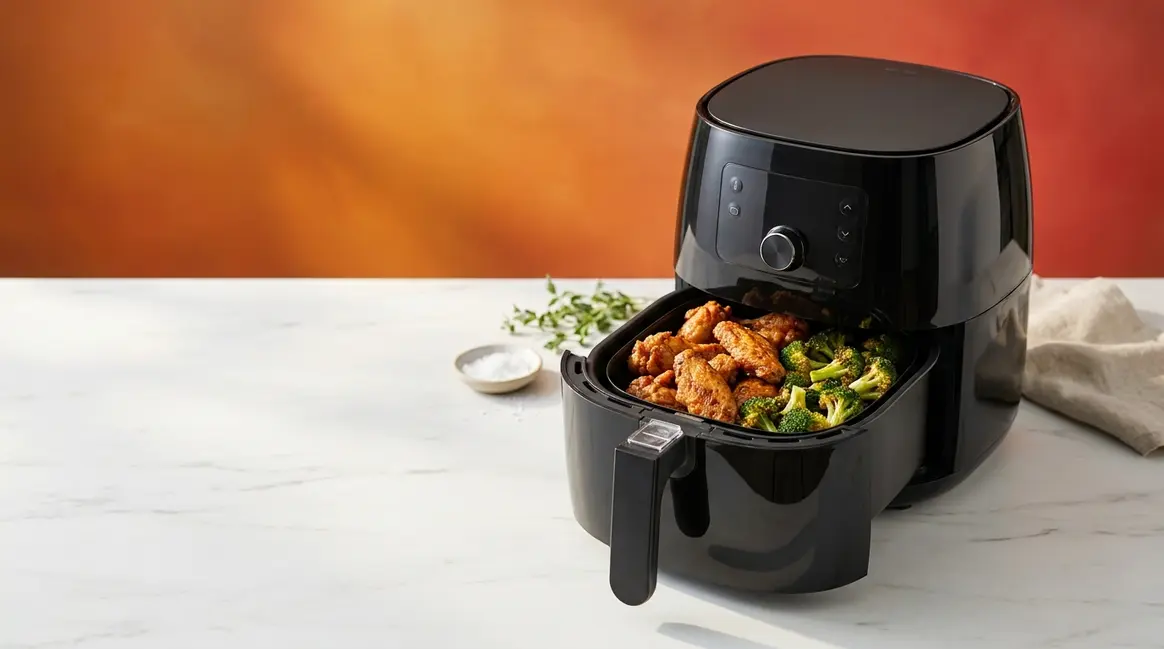 Air fryer open with crispy chicken wings inside on a kitchen counter showing reasons to buy an air fryer