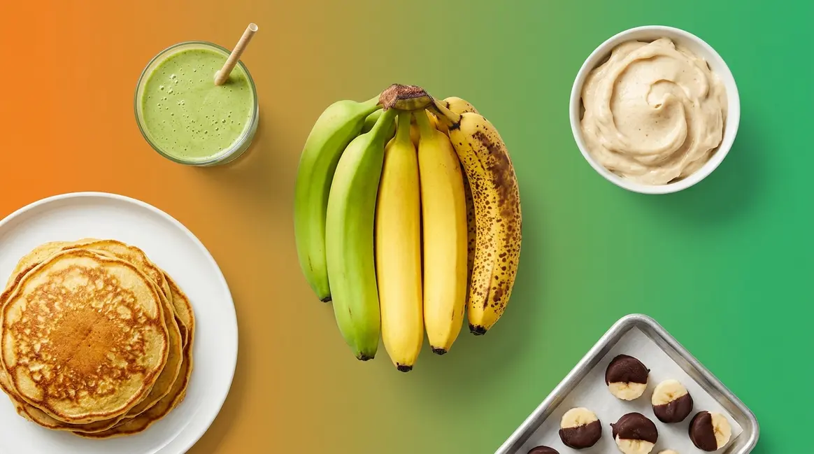 Healthy banana recipes for weight loss including pancakes, smoothie, nice cream, and chocolate bites