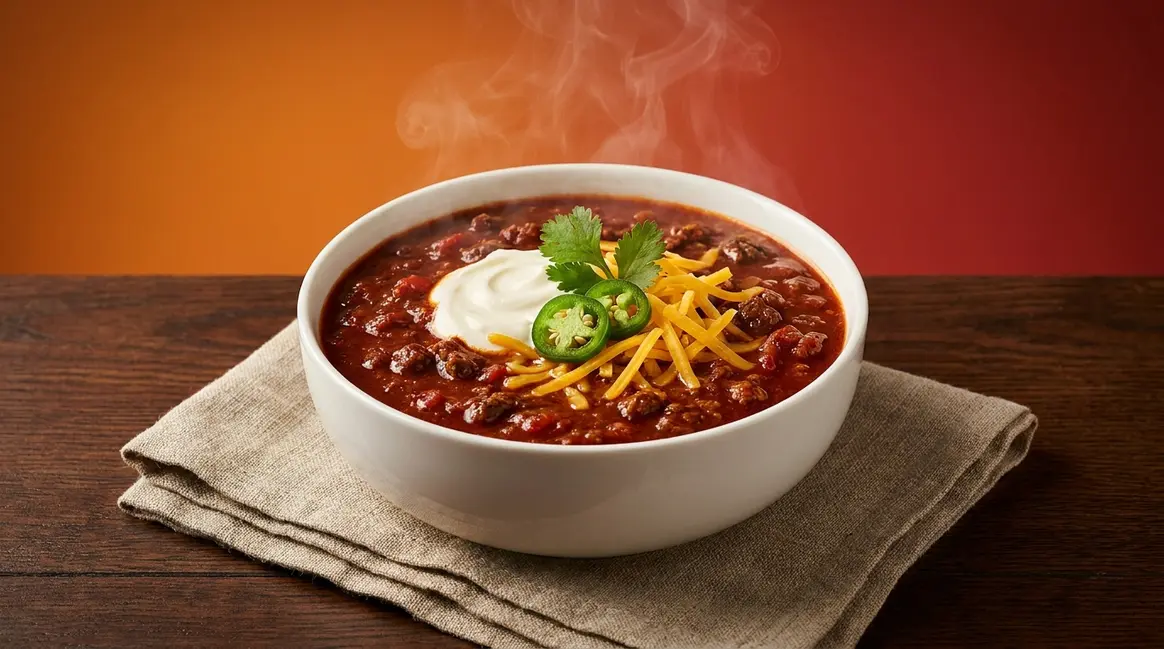 Beef chilli recipe served in a bowl with soured cream, cheddar, jalapeños and fresh coriander