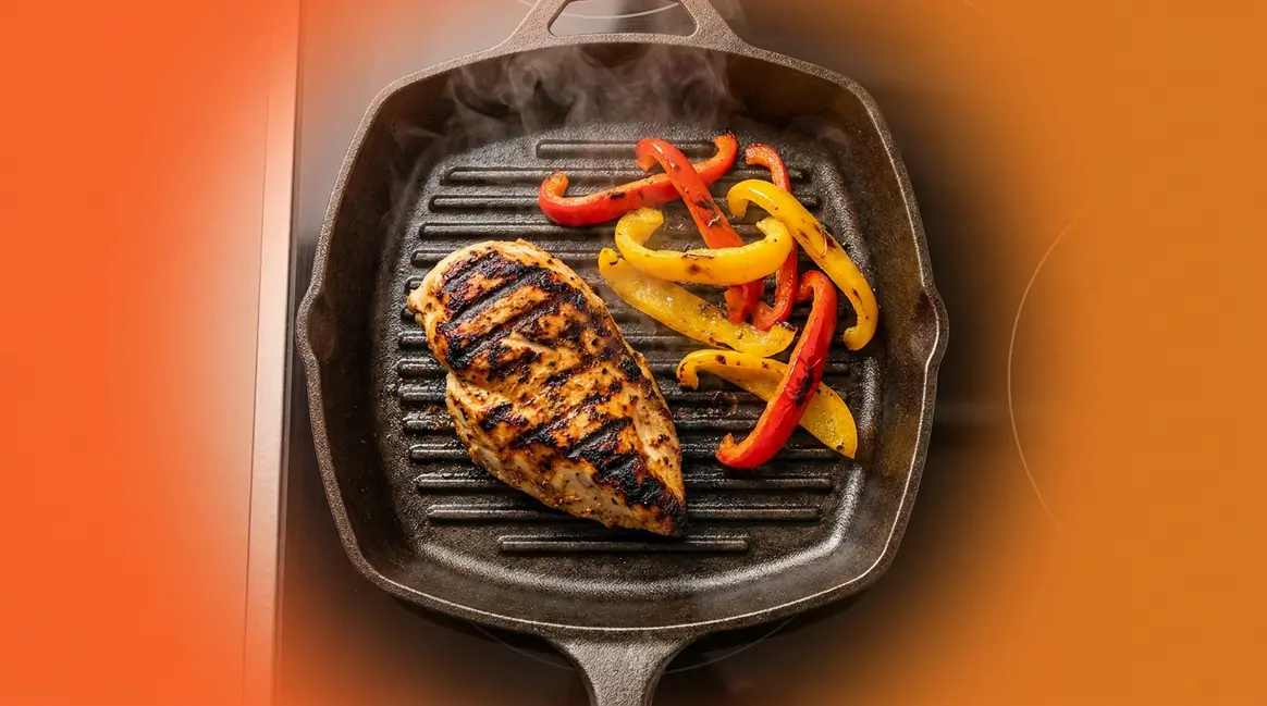 Best grill pan for indoor cooking with seared chicken and grill marks on cast iron ridges