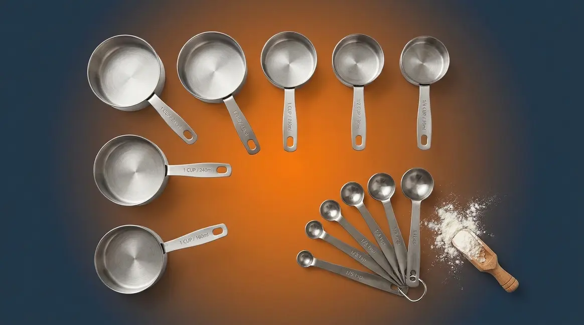 Best measuring cups and spoons for baking arranged in a flat-lay stainless steel set