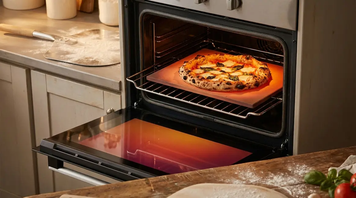 Best pizza stone for home oven with a crispy charred pizza on a preheated cordierite stone