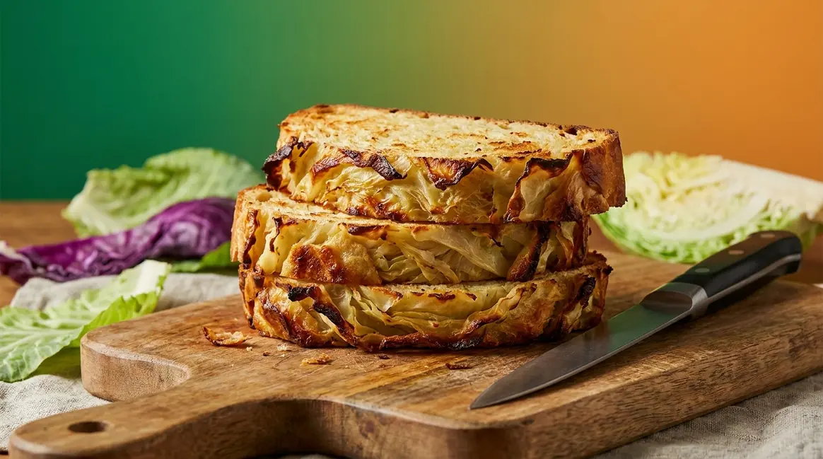 Easy cabbage bread recipe showing golden pan-fried slices stacked on wooden board