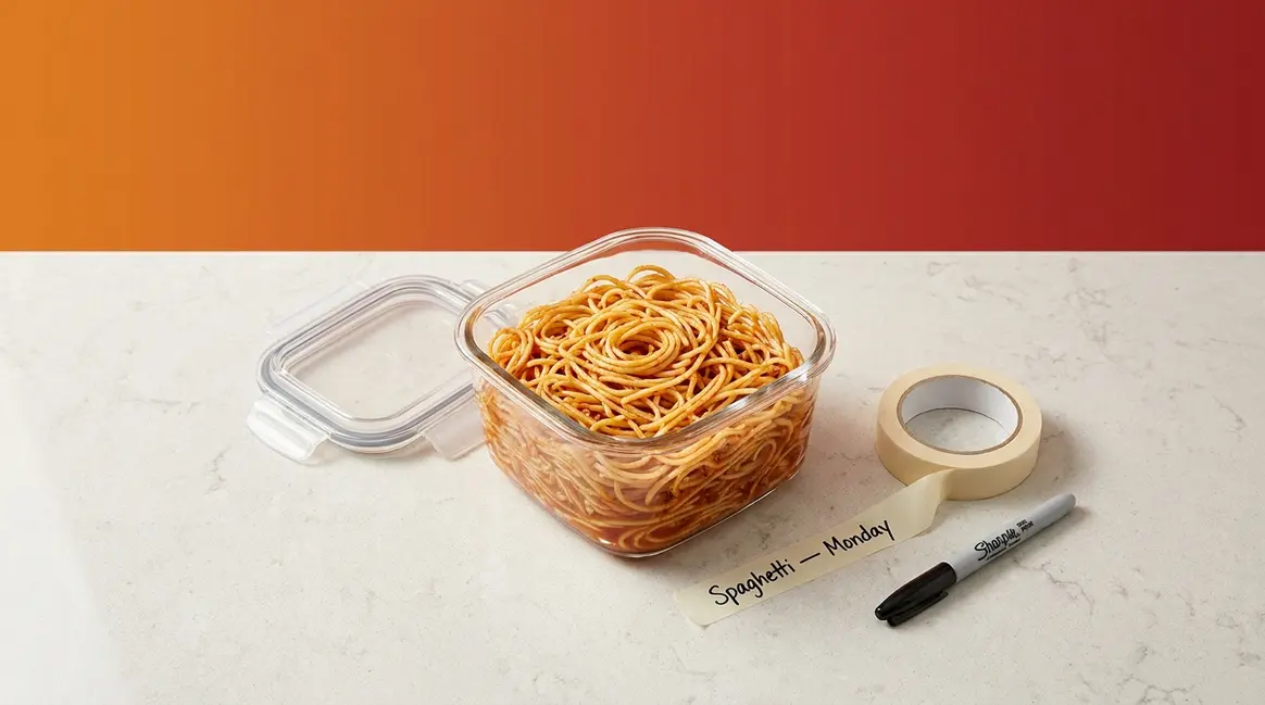 Cooked spaghetti in an airtight glass container labeled with date for fridge storage