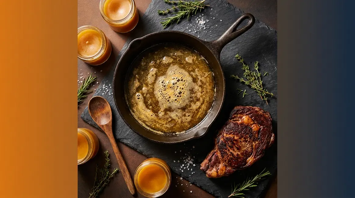 Cast iron skillet with seared steak and golden beef tallow for high-heat cooking