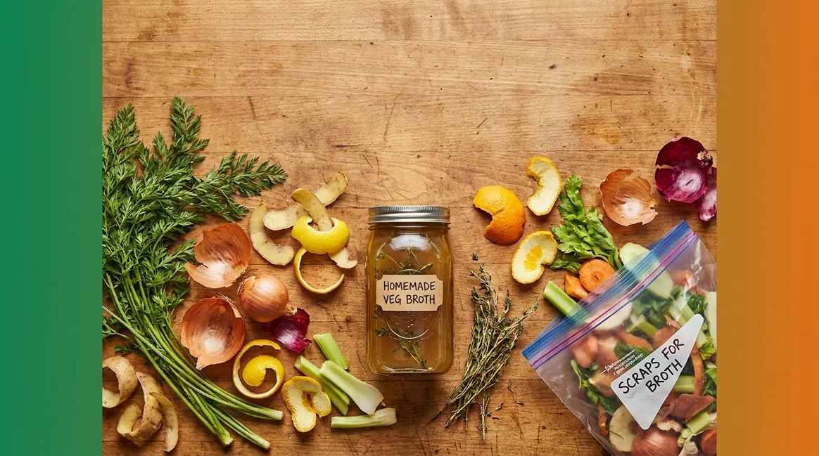 Overhead view of kitchen food scraps arranged around a jar of homemade vegetable broth for zero-waste cooking
