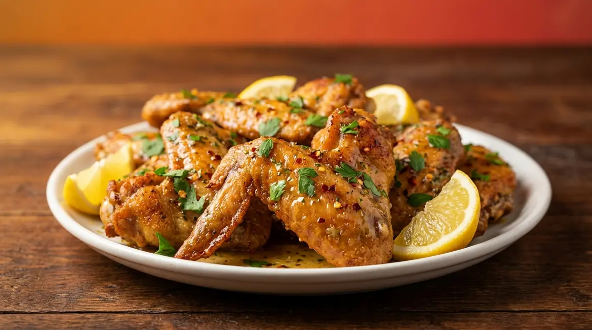 Crispy cowboy butter chicken wings glazed in garlic herb sauce on a rustic serving platter