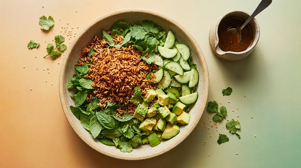 Overhead view of finished crispy rice salad recipe with golden rice, cucumber, avocado, and sesame dressing