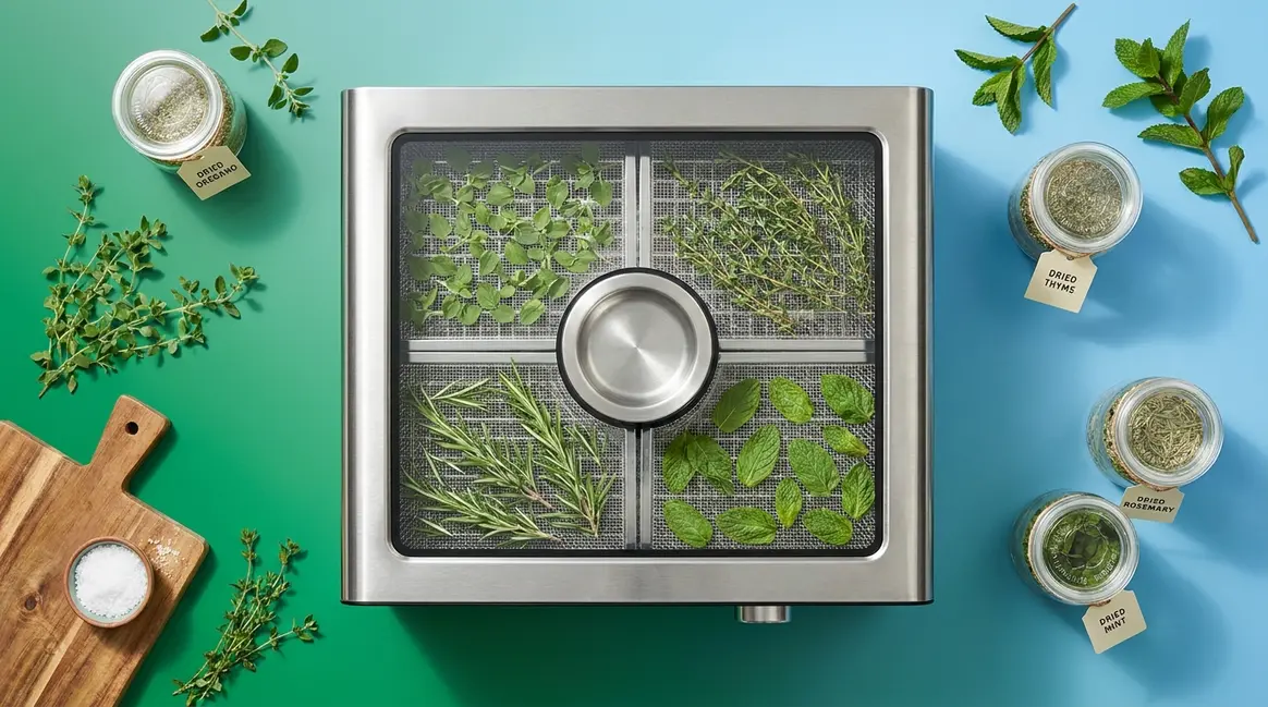 Food dehydrator with fresh herbs and spices arranged on trays ready for drying