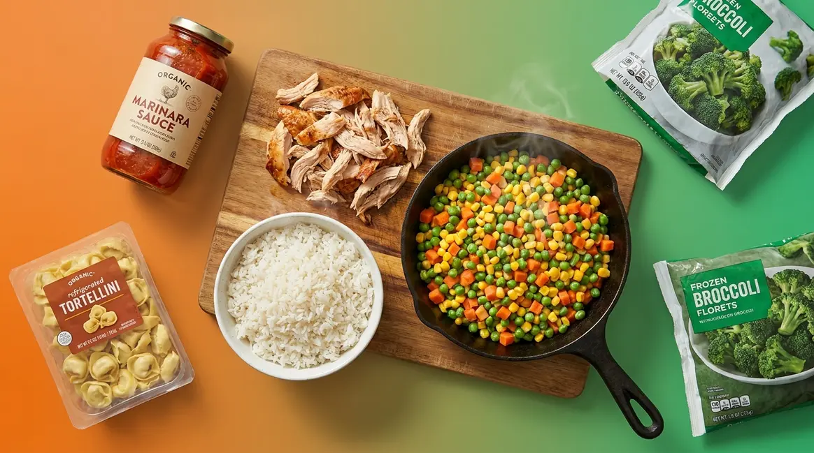 Shortcuts to get dinner on the table fast — rotisserie chicken, rice, and frozen vegetables arranged on a kitchen counter