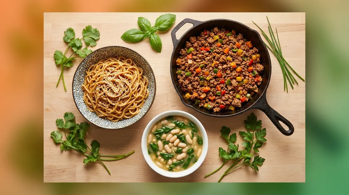 Easy 15-minute meals spread showing noodles, skillet dinner, and bean soup on kitchen counter