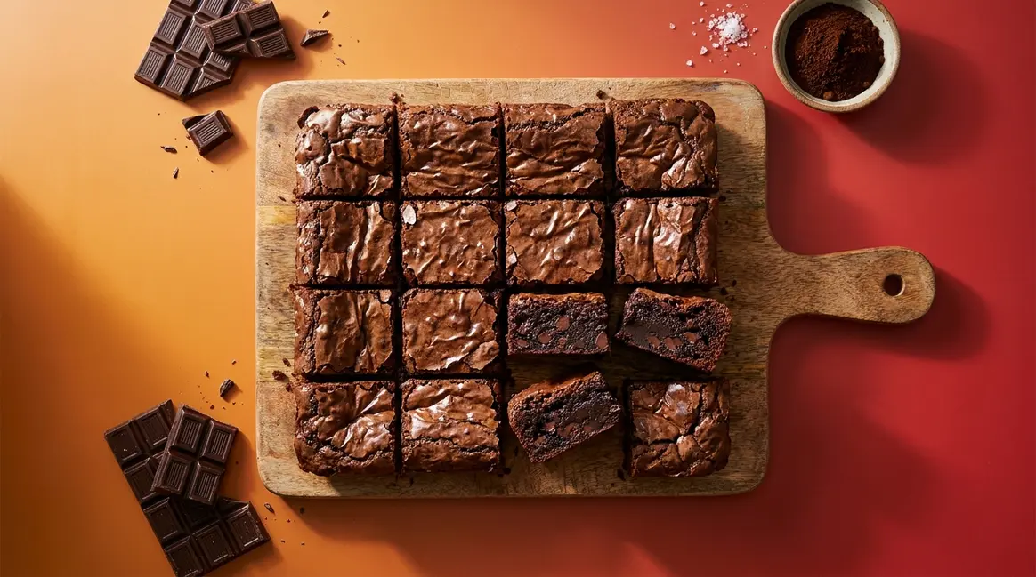 Felix brownie recipe showing fudgy crinkly-topped chocolate brownies cut into squares on wooden board