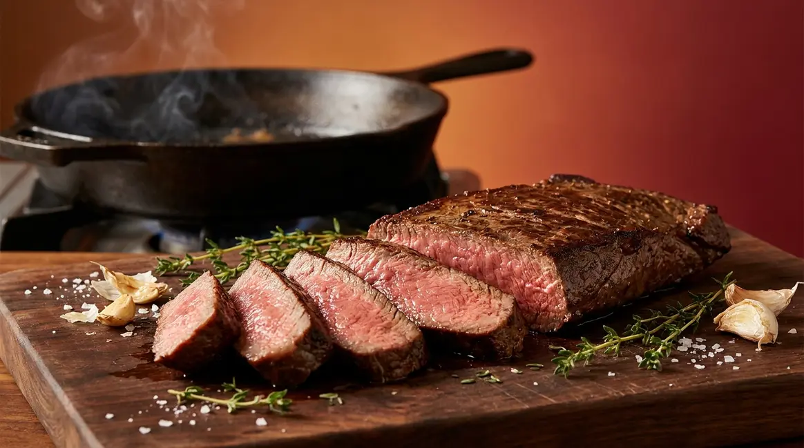How to cook flat iron steak sliced against the grain showing perfect medium-rare pink interior on cutting board