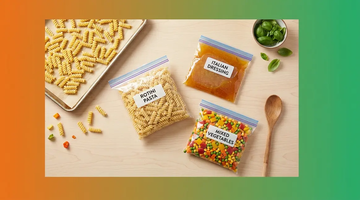Can you freeze pasta salad — three labeled freezer bags showing the Component Freezing Method