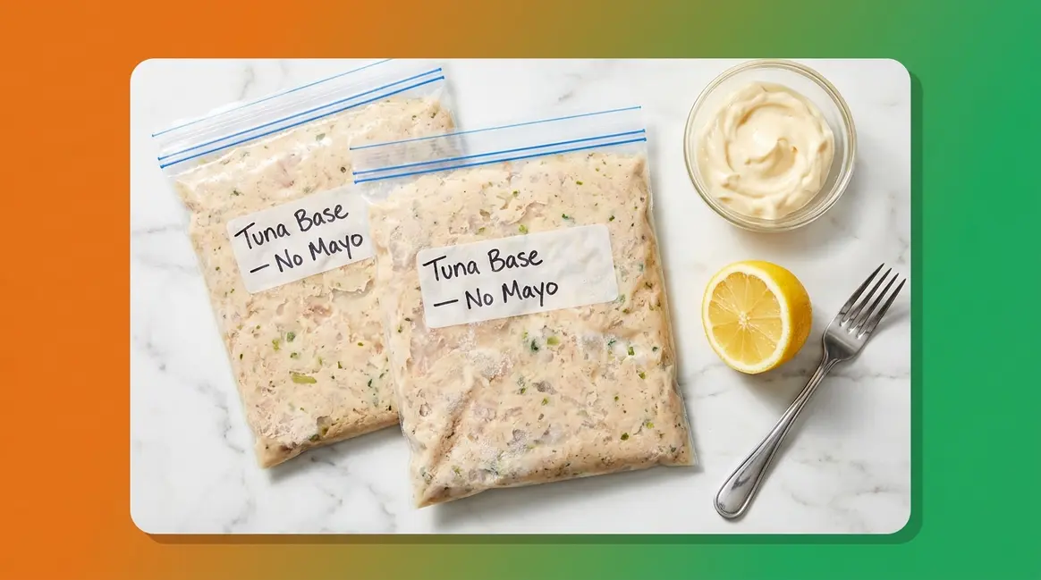 Can you freeze tuna salad — mayo-free tuna base in labeled freezer bags ready for storage