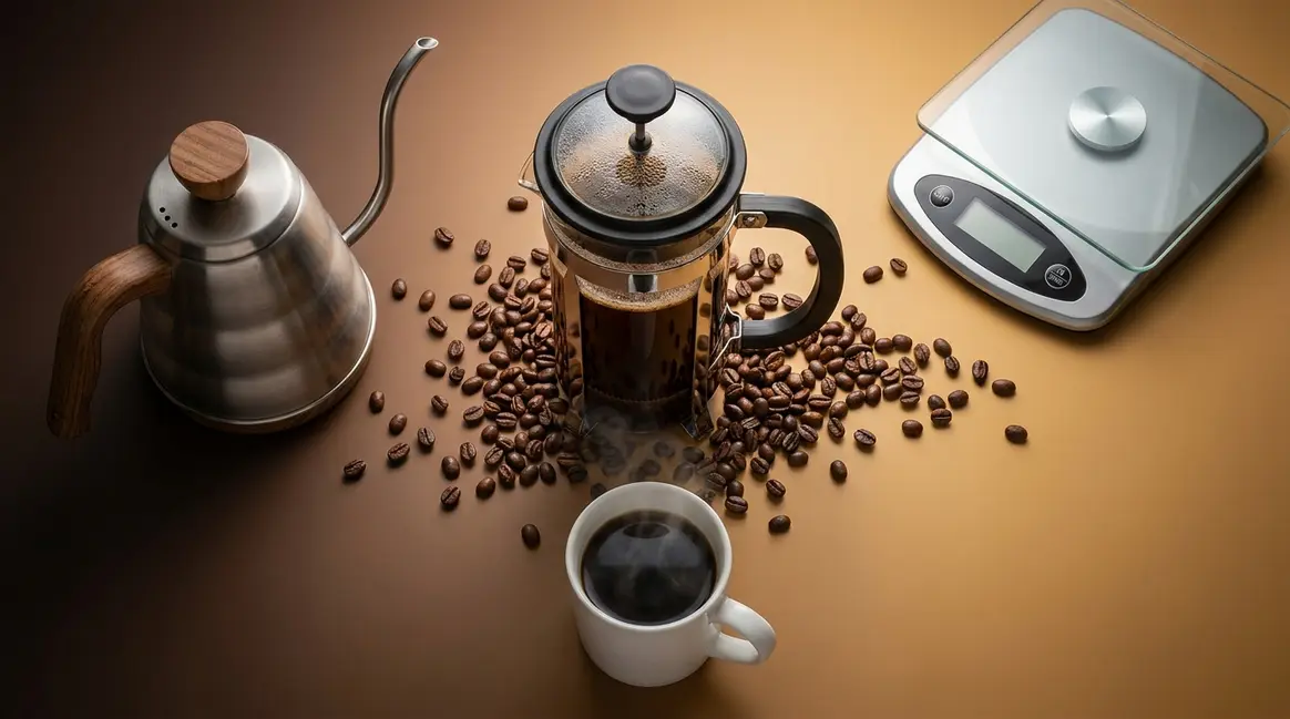French roast coffee recipe setup with French press, gooseneck kettle, and freshly brewed dark coffee