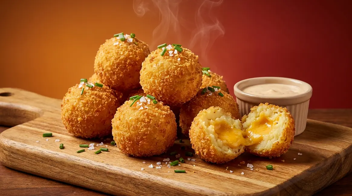 Golden crispy fried mashed potato balls recipe served on a board with dipping sauce and chives