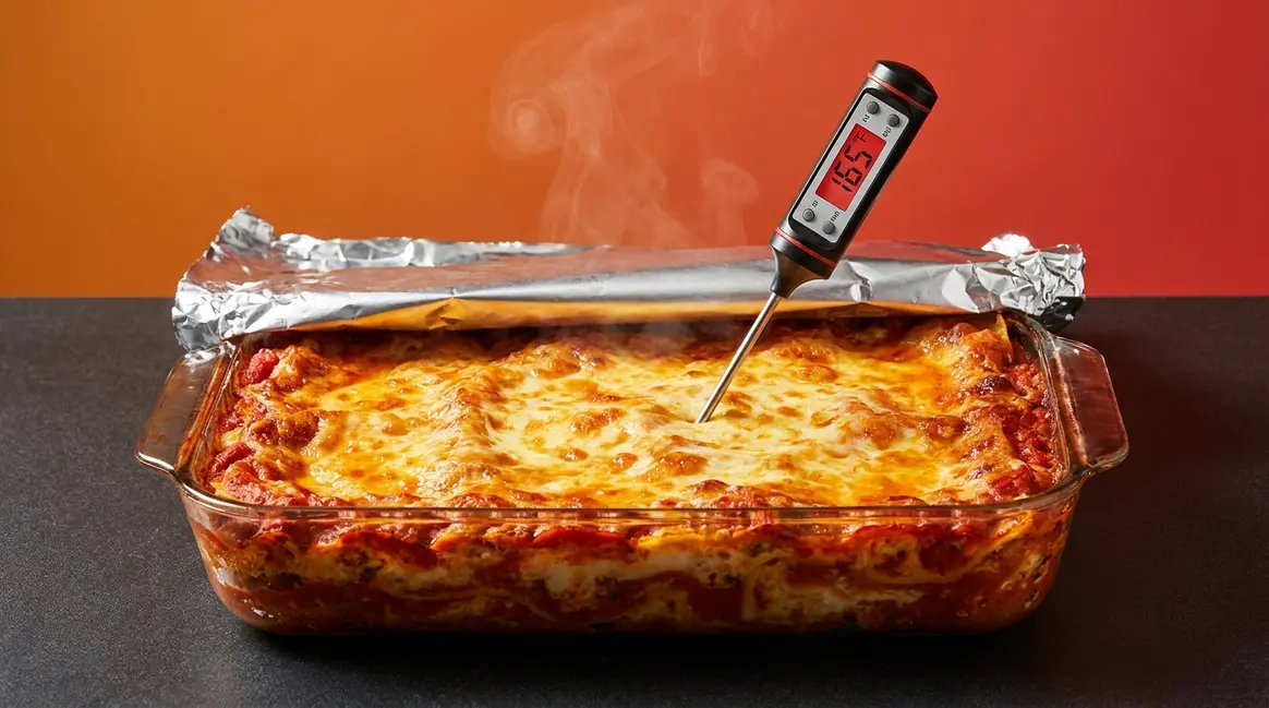 Perfectly cooked frozen lasagna in baking dish with thermometer showing 165°F safe temperature