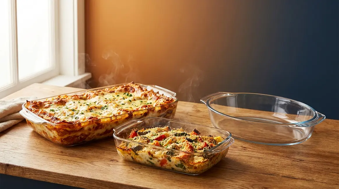 Best glass bakeware for casseroles arranged on a kitchen countertop with bubbling dishes