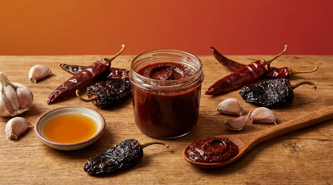 Homemade chili paste recipe in a glass jar surrounded by dried Ancho and Guajillo chilies