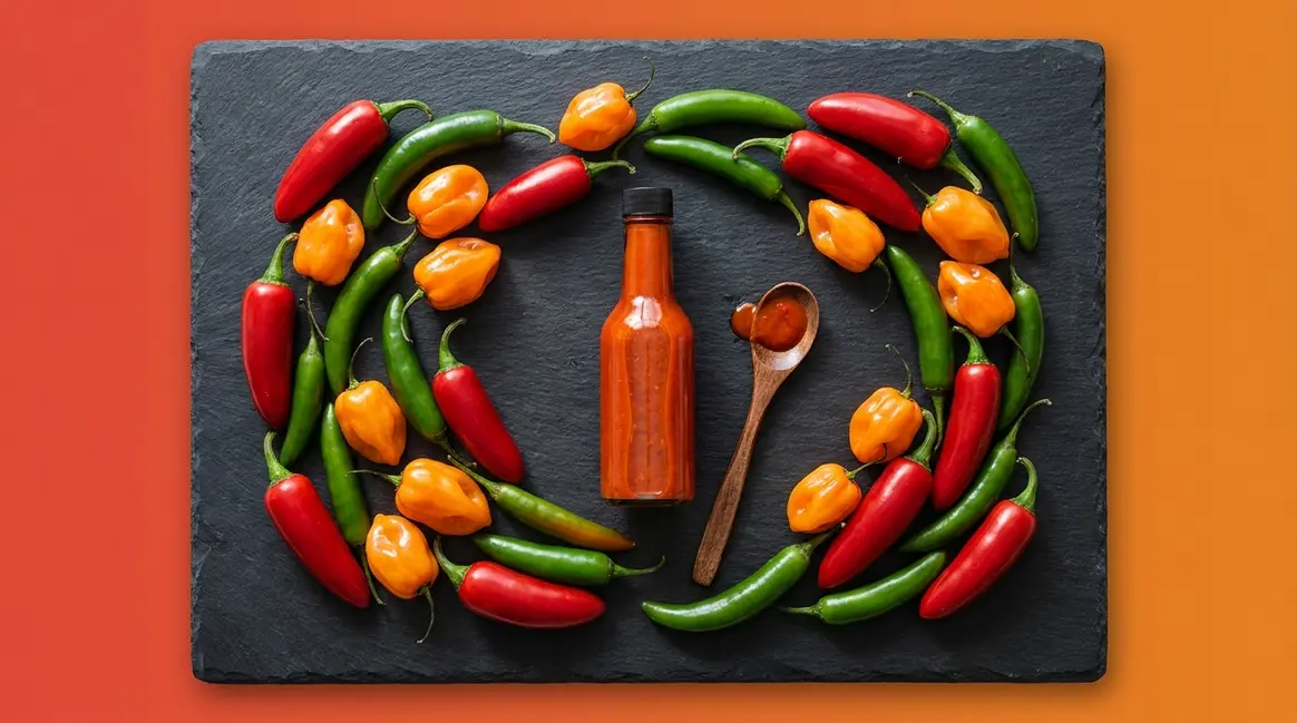 Homemade hot sauce recipe with fresh chili peppers and glass bottle on slate surface