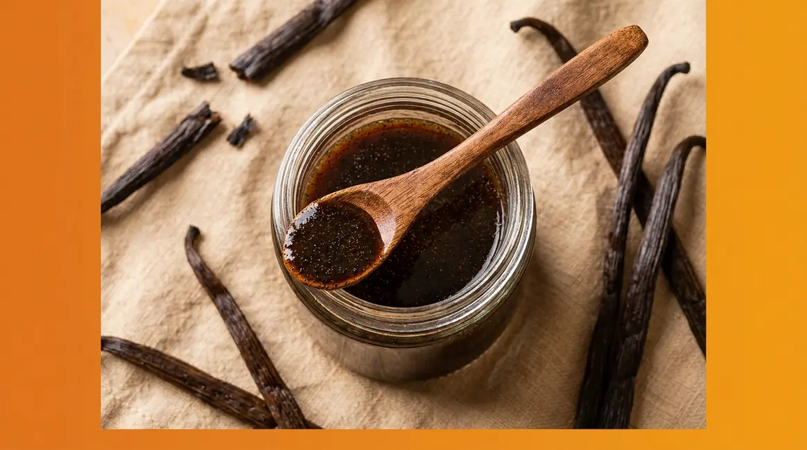 Homemade vanilla bean paste in glass jar with whole Madagascar vanilla beans and wooden spoon