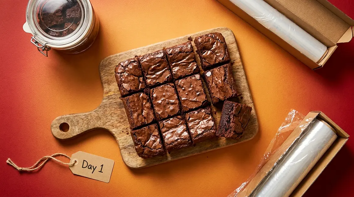 How long do brownies last — freshly cut fudgy brownies with airtight storage container on wooden board