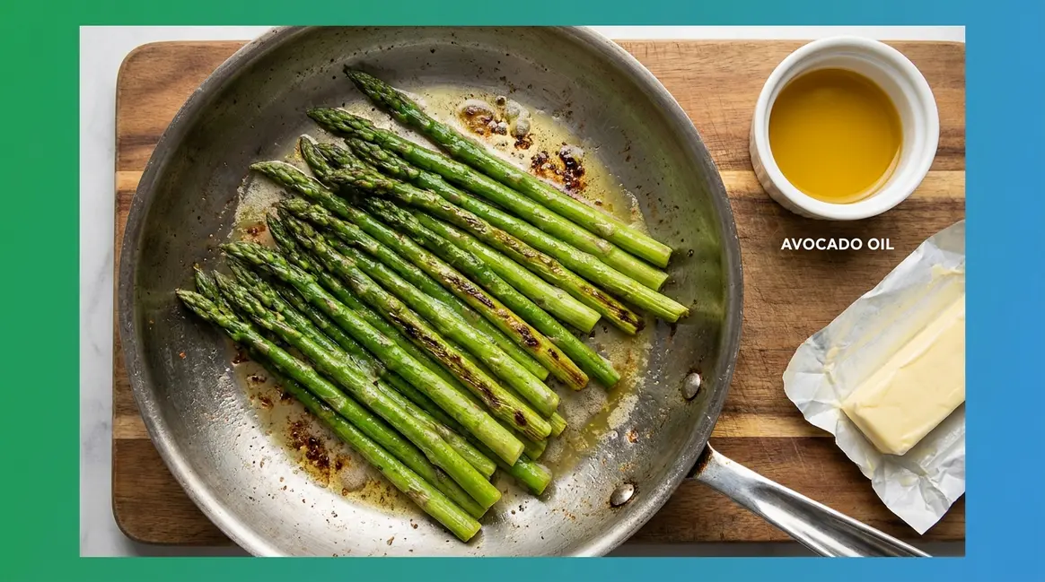 How to cook asparagus in a pan showing crisp-tender charred spears in a skillet