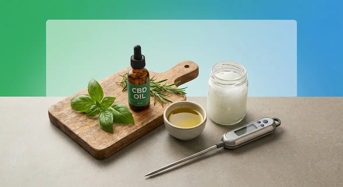 How to cook with CBD oil — amber dropper bottle, coconut oil, and kitchen thermometer on countertop