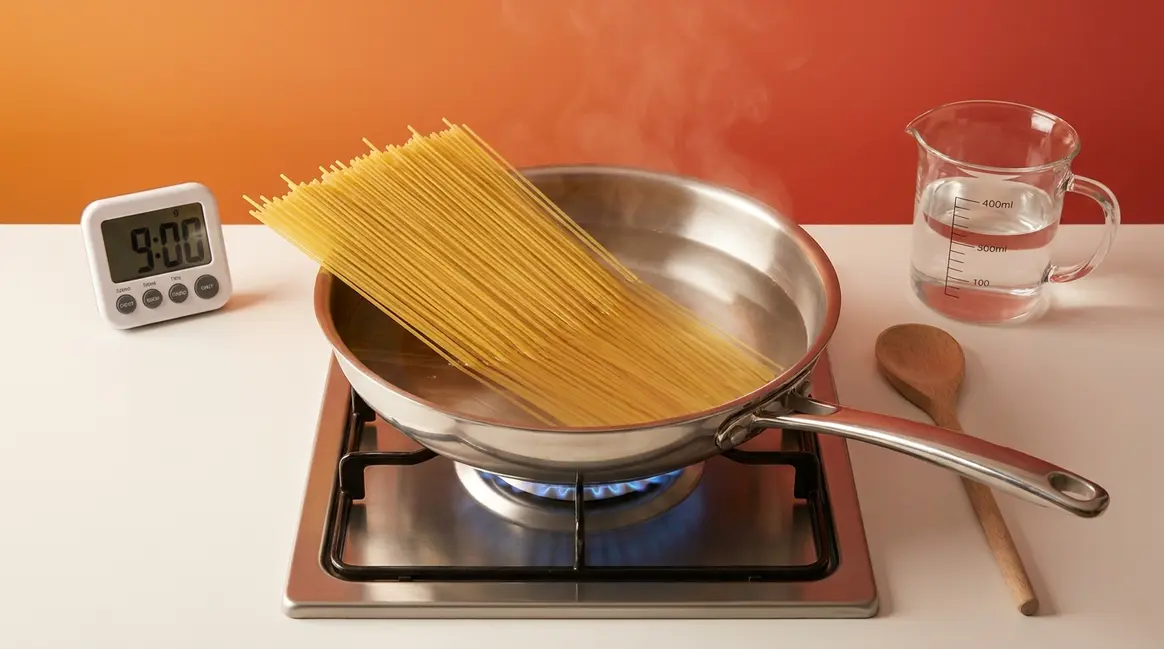 How to cook pasta quickly using the cold-water frying pan method in 9 minutes