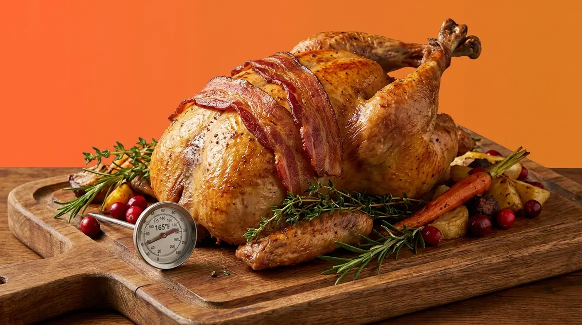 How to cook pheasant — whole roasted pheasant with golden skin and bacon barding on a wooden board