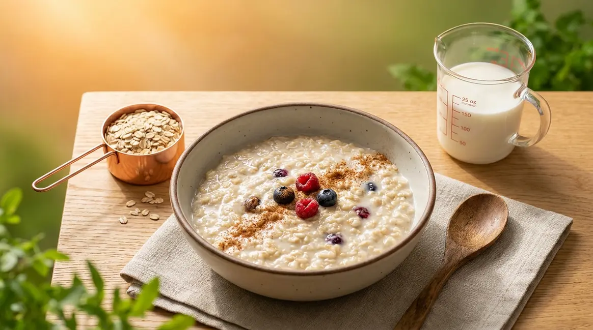How to cook quick oats — creamy bowl with measuring cup showing the 1:2 ratio