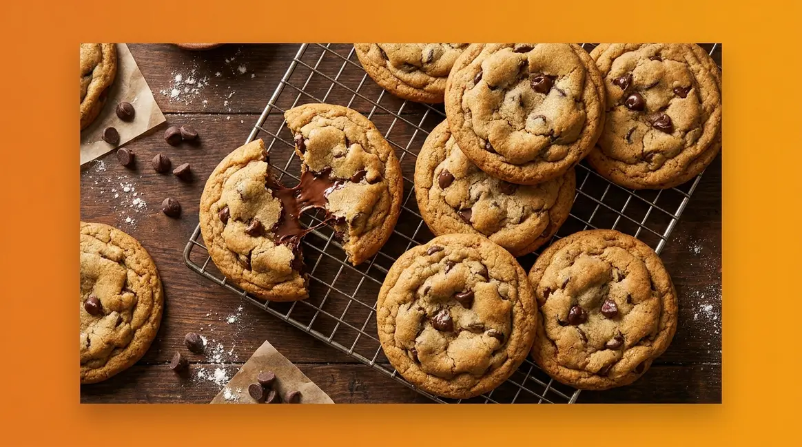 How to make chewy cookies — golden batch cooling on a wire rack with soft gooey centers