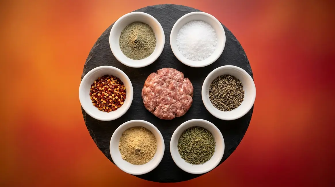 Jimmy Dean breakfast sausage seasoning recipe with six spices in prep bowls on slate surface