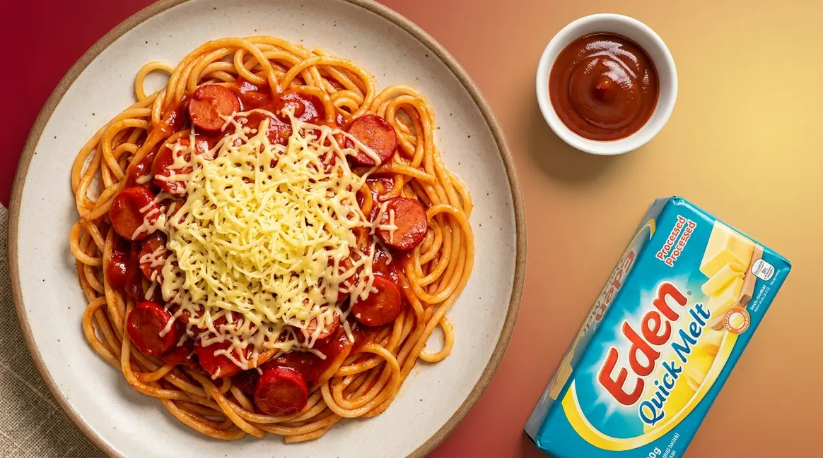 Jollibee spaghetti copycat recipe with bright red sweet sauce, red hotdogs, and melted Eden cheese