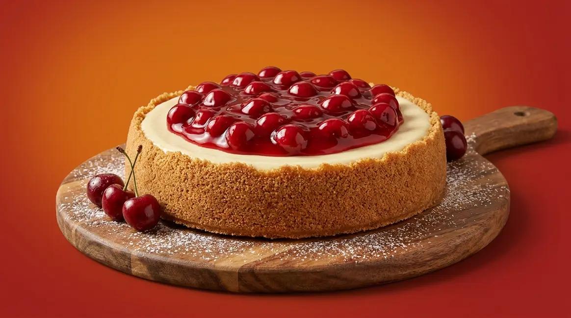 Finished Keebler cheesecake recipe with cherry topping in a Keebler Ready Crust