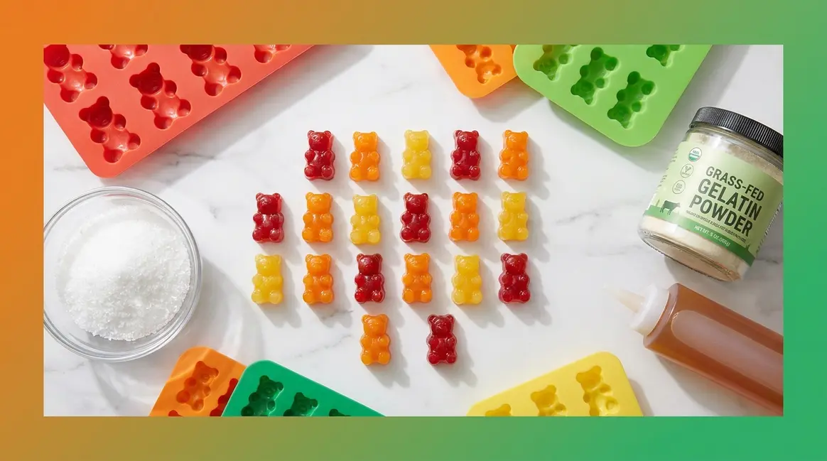 Colorful sugar-free keto gummy bears made from a homemade keto gummies recipe with gelatin and allulose