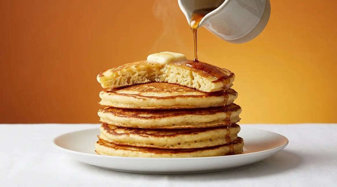 Fluffy King Arthur pancake recipe stack with golden edges on a white plate