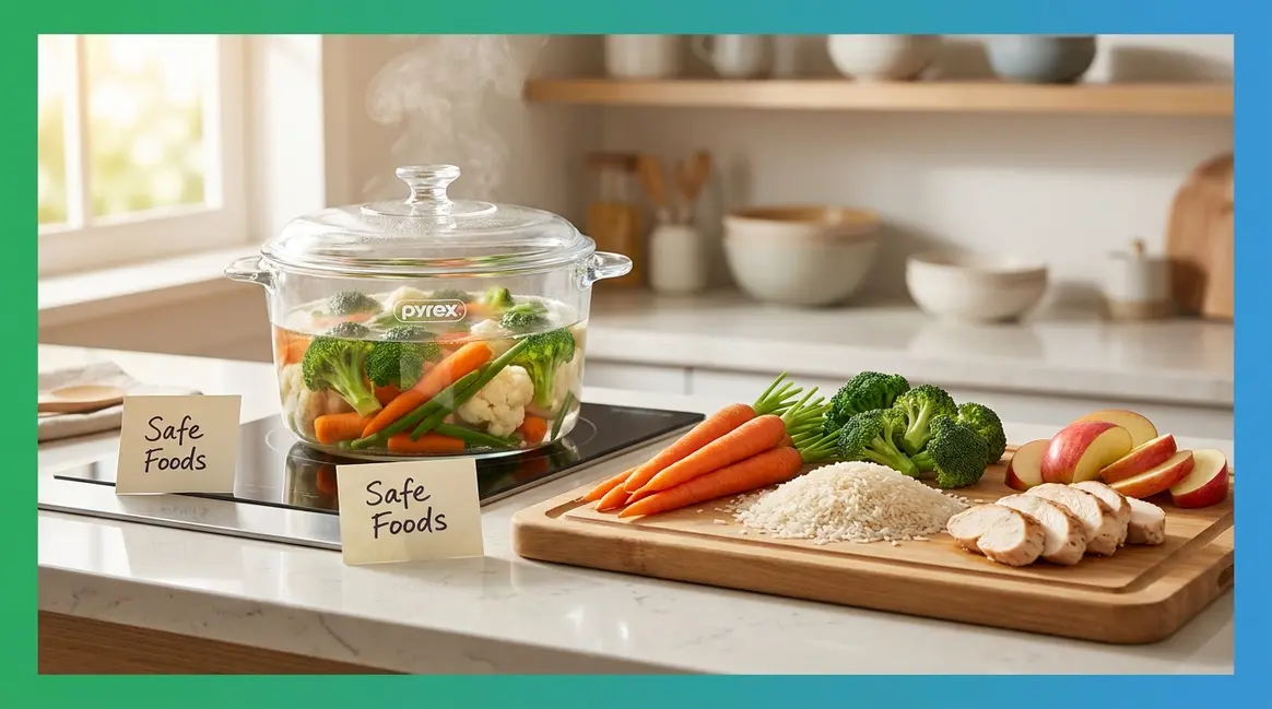 Low nickel diet cooking guide setup with glass cookware and safe foods on kitchen counter
