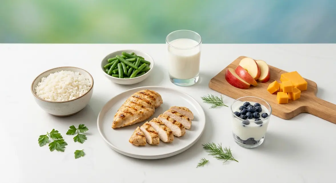 Low oxalate meals for kidney health featuring chicken rice bowl, yogurt parfait, and calcium-rich foods