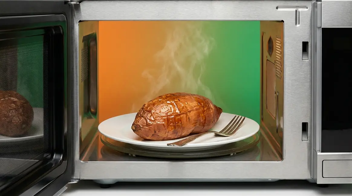 How long to cook sweet potato in microwave shown with fork-tender result on plate