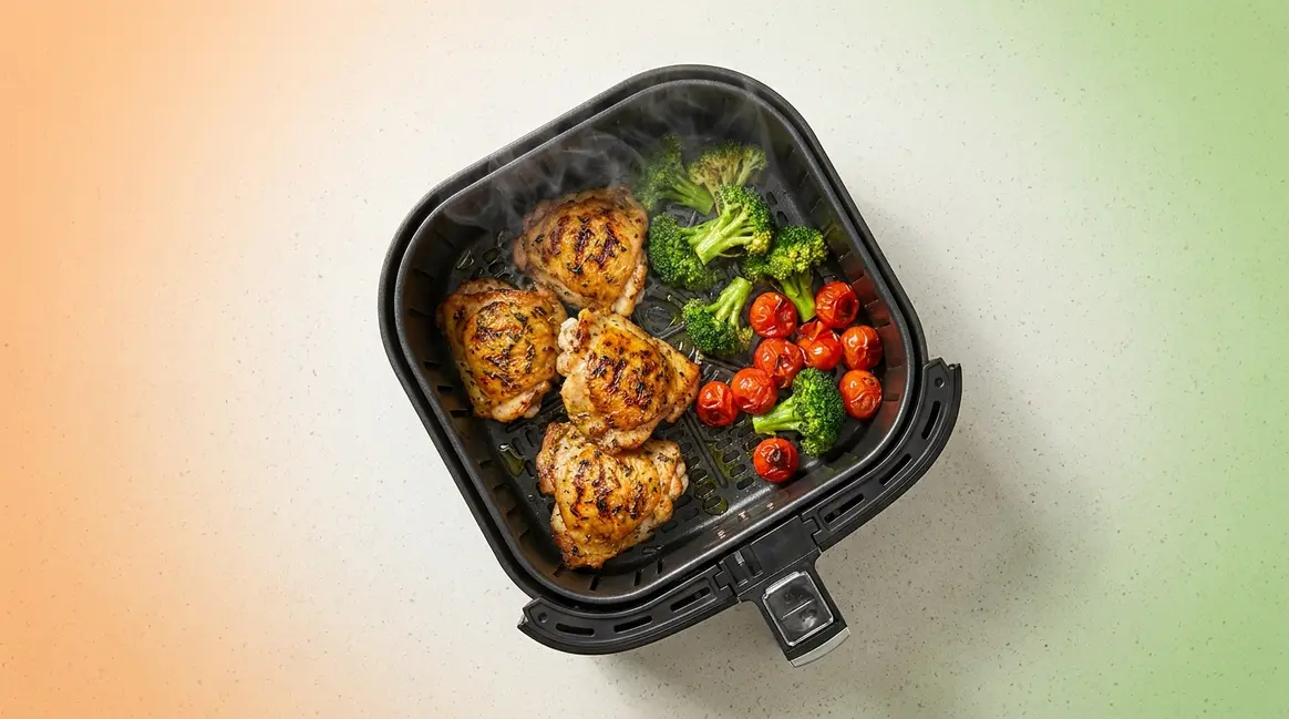 One-basket air fryer meals with chicken thighs, broccoli, and cherry tomatoes in a single basket