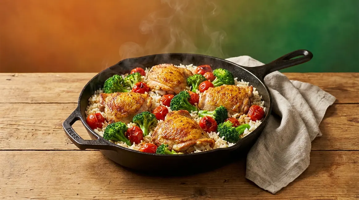One dish meal in a cast-iron skillet with chicken, rice, broccoli, and tomatoes on a wooden table