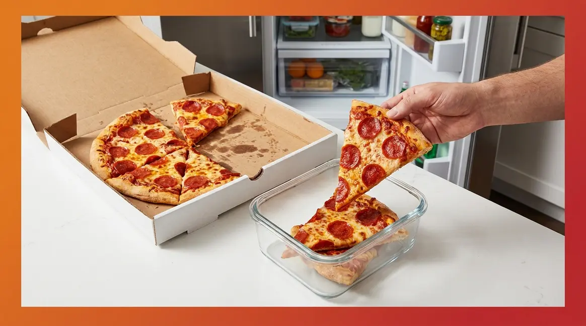 How long does pizza last in the fridge — leftover pizza being stored in an airtight container