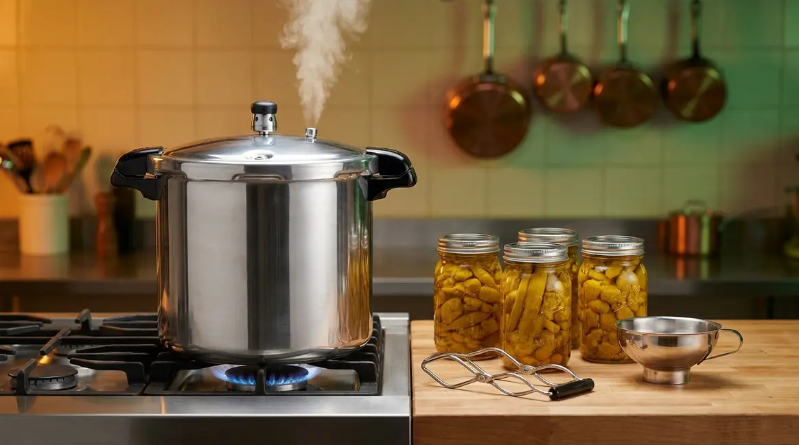Stovetop pressure canner venting steam beside mason jars and canning tools on kitchen counter